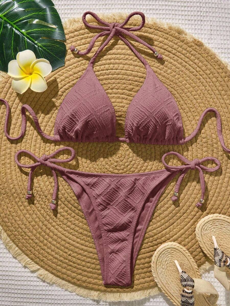 Swim Vcay Conjunto de bikini texturizado de unicolor para vacaciones en la playa - Rosa Pálido - Ver 1