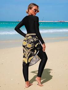 Swim Mulvari Women's Black Modest Long Sleeve Zipper One-Piece Swimsuit With Pants Set,Floral Mesh Cover-Up Skirt,Summer Beach Holiday Vacation Resort Outfits - Multicolor - View 2