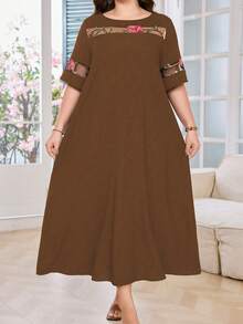 Lacomfia Plus Size Brown Floral Print Round Neck Short Sleeve Dress - Orange - View 3