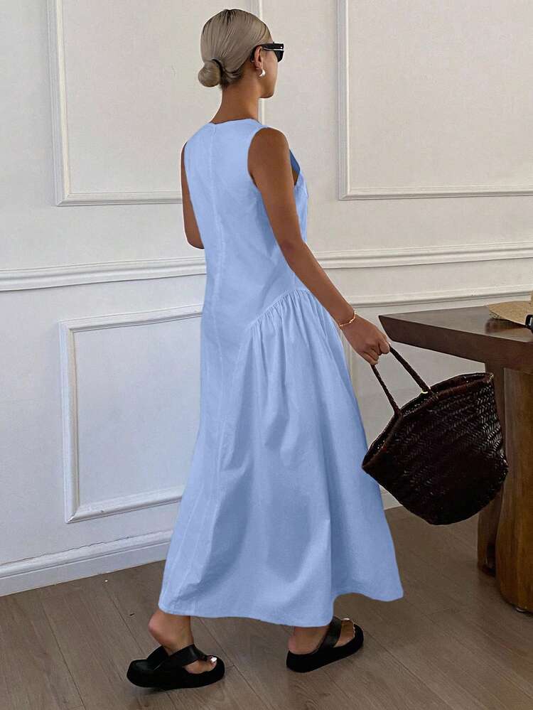 Solid Color Crew Neck Sleeveless Split Casual Dress For Women, Autumn