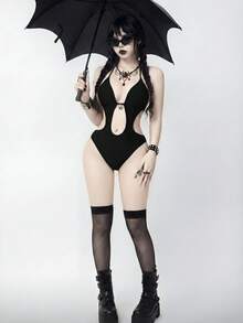 ROMWE Goth 2026春夏哥特吸血鬼角色扮演服装，女士连体泳衣，优雅浪漫神秘性感镂空设计，精致蜘蛛形金属装饰，蝴蝶结颈带，黑色，修身连体泳衣，2026春夏女装新款，适合新年、情人节、返校、旅行、海滩、下午茶、野餐、派对、日常穿着、休闲、户外活动等场合，时尚百搭 - 黑色 - 查看 5