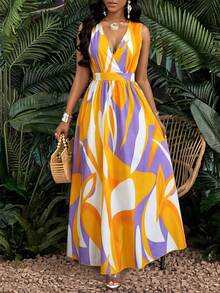 SOLERSUN 热带印花V领腰部针织修身喇叭连衣裙长款女装 - 黃色 - 查看 3