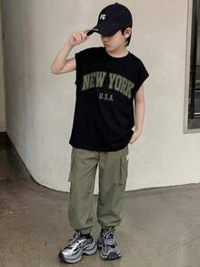 SHEIN 2pcs/Set Tween Boy Casual Comfortable Sleeveless Printed Top And Drawstring Pants Set,Black,Summer,Streetwear,City Break,Outdoor,Sports,School,Party - Army Green - View 5