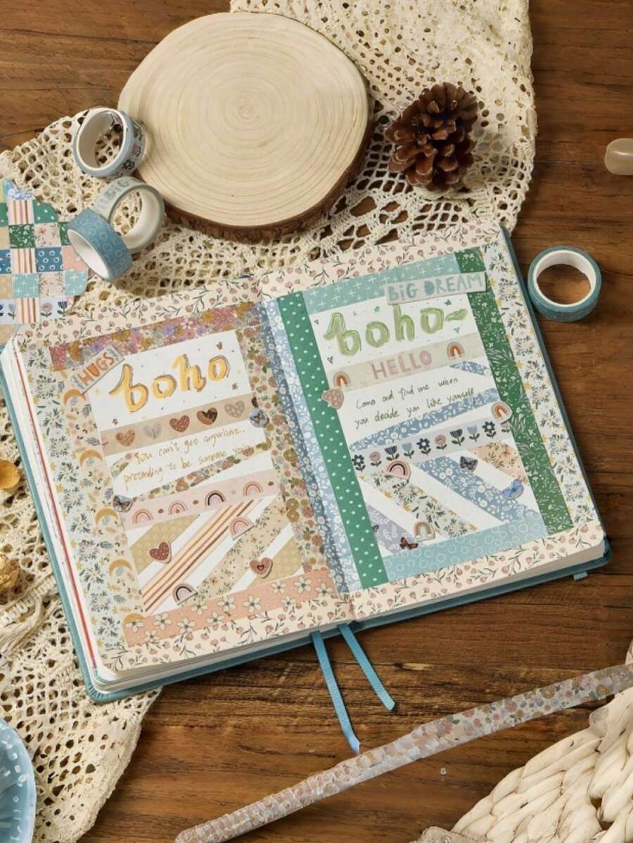 Boho Washi Tape Set Decorative Masking Paper Roll DIY Journal Supplies Scrapbooking Craft Aesthetic Bohemian Pattern Sticky Adhesive Durable Versatile Multi Use Gift - Multicolor - View 1