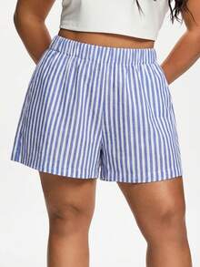 Solflare 蓝色条纹休闲宽松大码短裤 - 藍色 - 查看 4