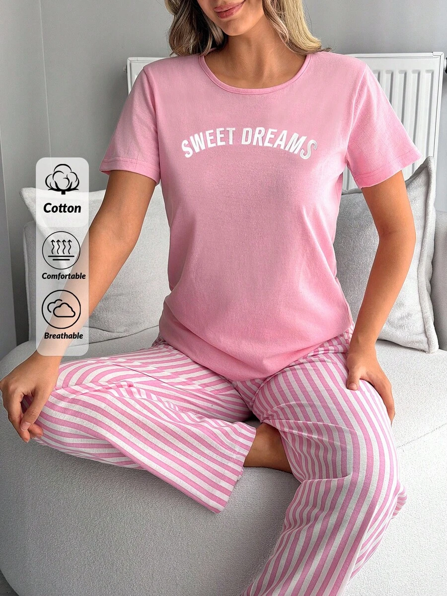 SHEIN Sweet Dreams Graphic Tee And Soft Stripe Drawstring Pajama Set Basic, Cute, Casual, Pajama - Pink - View 1