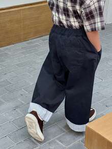 DAZY Contrast Striped Cuffed Hem Loose Wide-Leg Jeans, Casual Daily Commute Vacation Style For Young Boys - Navy Blue - View 2