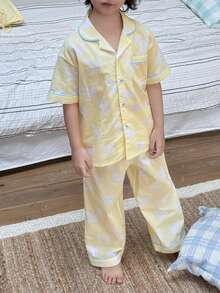 DAZY 男童鸽子印花短袖纽扣上衣和裤子睡衣套装 - 黃色 - 查看 8