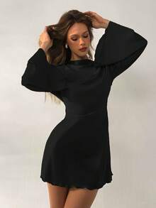 Vestido de manga larga con cuello drapeado, espalda descubierta, elegante, sexy y romántico, de color verde claro sólido, adecuado para citas y tardes de té - Negro - Ver 6