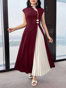 Feyla Women's Contrast Color Cheongsam Collar Dress - Burgundy - View 7