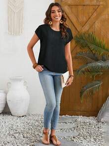 EMERY ROSE Áo kiểu nữ màu trơn cổ tròn tay ngắn dáng rộng chất liệu giả vải lanh, thích hợp cho mùa xuân/hè. - màu đen - Xem 6