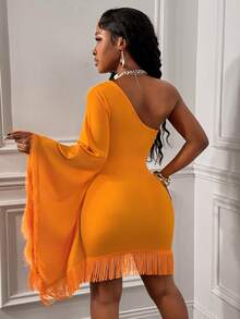Glyssa Vestido curto feminino sexy com um ombro só e franjas. - Laranja - Ver 2