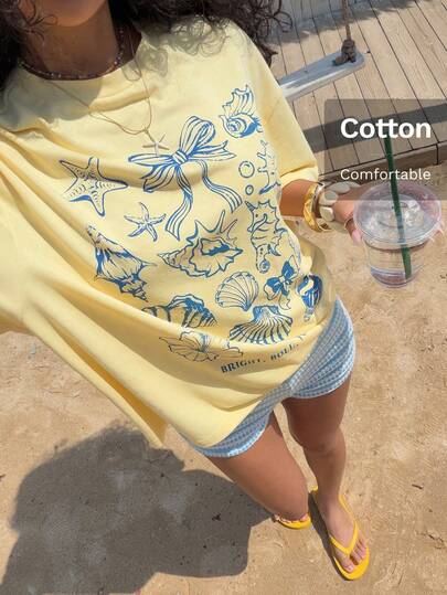 Muchica Women's Cotton Starfish & Shell Print Crew Neck Top And Striped Shorts Casual Daily Outfit,Beach Outfit For Women,Going Out ,Vacation Outfits Women