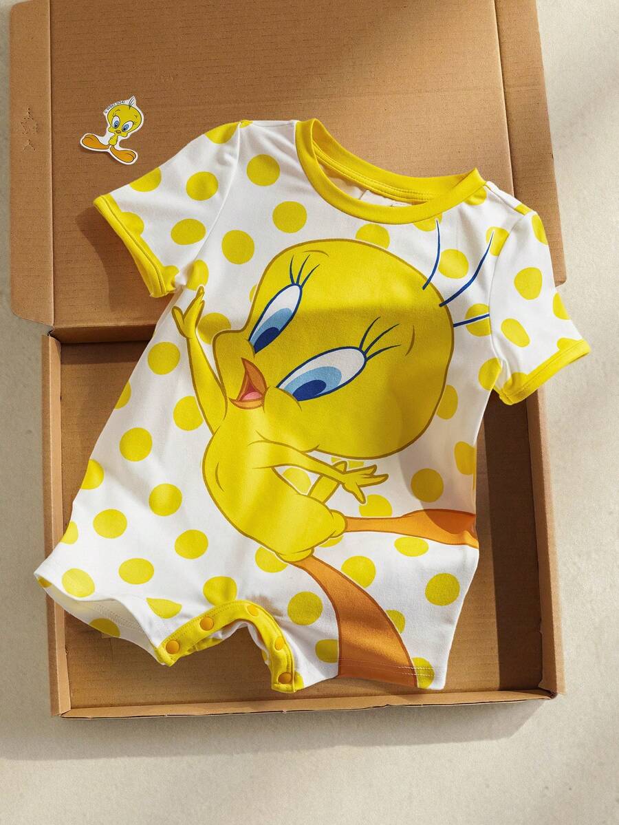 LOONEY TUNES X SHEIN Áo liền quần tay ngắn cổ tròn in hình hoạt hình cho bé gái - Màu vàng - Xem 1