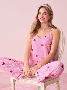 Bonmuse 女士泡泡褶皱条纹爱心印花吊带背心和裤子睡衣套装 - 粉色 - 查看 10