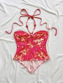 Soleia Áo tank top nữ in hoa, cổ yếm, hở lưng, kiểu dáng thường ngày. - Màu Hồng Tươi - Xem 2