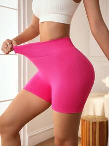 Slayform Quần short thể thao nữ ôm sát, không đường may, độ co giãn cao, màu trơn. - Màu Hồng Tươi - Xem 2