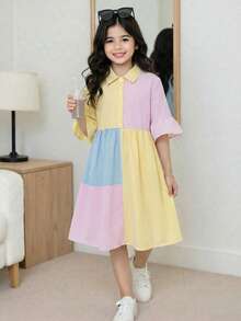 SHEIN Tween-Mädchen Kleid mit unregelmäßigem asymmetrischem Farbblock, Rüschenkragen, locker geschnittener A-Linie, Kurzarm, Chiffon, Sommerkleid, Lässig, Alltag, Sommer Dopamin, Y2K - Verschiedenfarbig - Übersicht 3