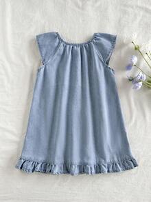 Toddler Girls' A-Line Dress, Summer New Cute Pink Floral Embroidery Pattern, Light Blue Washed Color, Lightweight Denim Fabric, Ruffle Trim & Flutter Sleeve Design, Playful & Sweet Style, Suitable For Various Occasions Like Vacation & Casual Wear - Blue - View 2