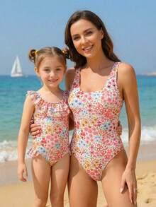 SHEIN 小女孩可爱多色碎花双层荷叶边连体泳衣，适合游泳、夏季、海滩度假 - 彩色 - 查看 9