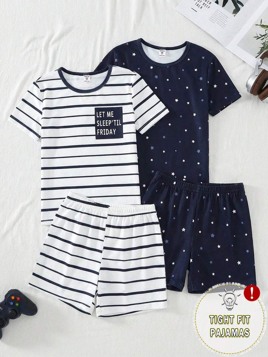 4pcs Boys' Star & Stripe Print Knit Elastic Snug Fit Casual Pajama Set, Comfortable Soft Fabric, 2 Sets Home Wear Sleepwear - Multicolor - View 1