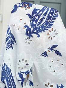 Women's Standard Size Textured Fabric Solid Color Print Casual Vacation Shirt, Spring/Summer - Blue and White - View 6