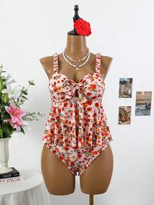 Swim Mod 2pcs/Set Girls' Ribbed Ditsy Floral Ruched Strap Tankini Top And High Waist Ruffled Hem Bikini Bottom Swimwear - Multicolor - View 5