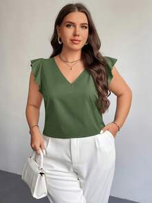 Firerie 大码优雅V领荷叶边短袖红色节日简约夏季衬衫，适合教师穿着 - 軍綠色 - 查看 1