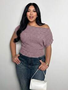 Firerie 大码女式纹理条纹不对称领口弹力褶皱蝙蝠袖T恤上衣，条纹女式衬衫，春夏秋季服装，通勤，优雅，休闲，日常，工作装 - 酒紅色 - 查看 4