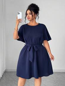 Elenzga Plus Size Women's Round Neck Lace Patchwork Ruffle Sleeve Hollow Back Casual Dress, Business Casual, Summer Women Outfit, Elegant, Formal Women Dresses, Evening Dress, Sleeveless, Lace Dress, Wedding Women Dress, Wedding Guest - Navy Blue - View 6