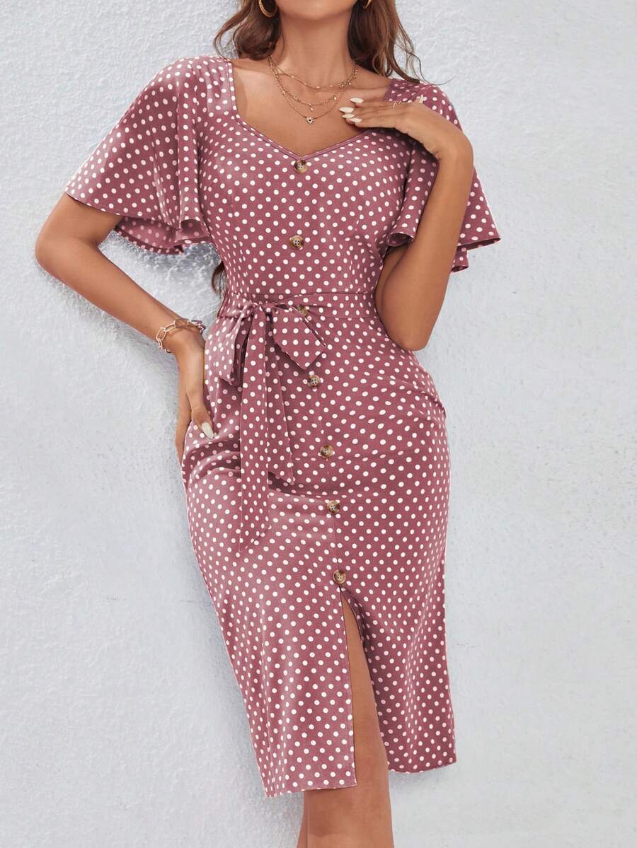 Breezaya Polka Dot Butterfly Sleeve Fake Button Split Thigh Belted Dress - Dusty Pink - View 1