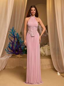 Glamrae Đầm dạ hội màu hồng sen bóng mượt, chất liệu lưới co giãn cao cấp, cổ yếm trước, eo thon gọn, đính đá 3D lấp lánh, chân váy đuôi cá sang trọng, thích hợp cho hẹn hò, du lịch, tiệc độc thân, sự kiện tựu trường, đám cưới, hoặc làm đầm dạ hội cho nữ. - Bụi hồng - Xem 4