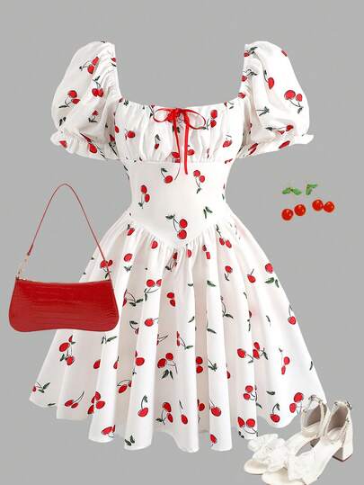 Girlism Teen Girls' White & Red Cherry Fruit Print Ruched Bust Waist Puff Sleeve Cute Short Dress, Vacation