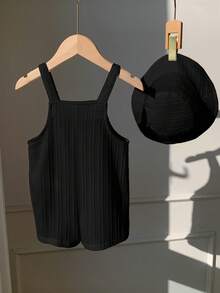 SHEIN Bộ áo liền quần màu trắng đa năng cho bé sơ sinh trai/gái, gồm quần yếm và mũ chống nắng, thích hợp mặc ở nhà hoặc ngoài trời vào mùa xuân/hè. - màu đen - Xem 2