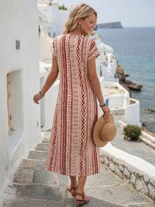 Faunlyn Women's Vacation Geometric Print Round Neck Batwing Short Sleeve Dress - Red - View 2