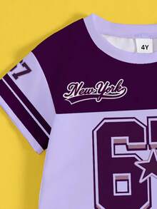 2件套，适合4-7岁女童，美式运动风紫白撞色短袖T恤+短裤，印有“纽约67”数字，轻盈面料，活力十足，休闲/运动夏季服装套装 - 彩色 - 查看 3