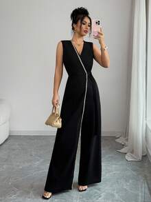 SHEIN Elenzya Elegant Black Sleeveless V-Neck Fitted Waist Jumpsuit, Suitable For Commuting, Travel, Party, Minimalist Design - Black - View 1