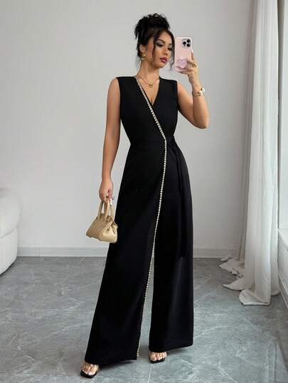 SHEIN Elenzya Elegant Black Sleeveless V-Neck Fitted Waist Jumpsuit, Suitable For Commuting, Travel, Party, Minimalist Design