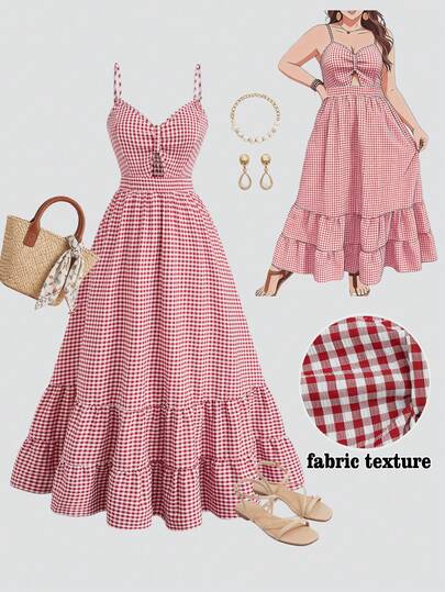 GlowEve CURVE 大码女士经典格子无袖镂空荷叶边腰部A字层叠荷叶边下摆沙滩度假休闲优雅中长连衣裙