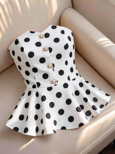 Franclia 2026夏季新款黑白波点抹胸上衣，收腰显瘦荷叶边下摆复古时尚衬衫，纽扣度假风短款上衣，优雅波点抹胸显瘦百搭衬衫，适合派对、约会等场合，独特荷叶边下摆波点抹胸上衣