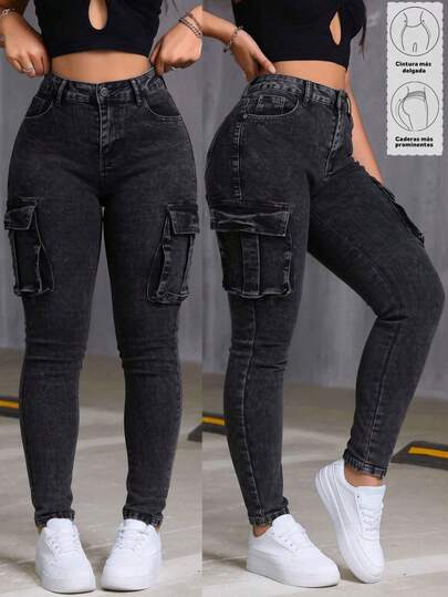 Jeans Cargo Ajustados con Elasticidad de Cintura Media de Varios Colores para Mujer, Pantalones que Levantan las Nalgas