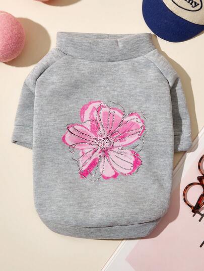PETSIN 1ชิ้น เสื้อสวมหัวสัตว์เลี้ยงสีเทาพร้อมดอกไม้สีชมพูหรูหราประดับด้วยการตกแต่งพลอยเทียมระยิบระยับ, เสื้อผ้าสวมใส่สบายสากลสำหรับแมว/สุนัข