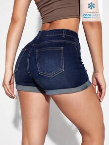 SHEIN Essnce Women's Casual Everyday Pocketed Button Denim Shorts - Dark Wash - View 2
