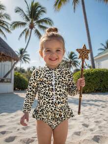 SHEIN Baby Girls' Cute Leopard Print Ruffle Trim One-Piece Swimsuit, Suitable For Summer Beach Vacation - Yellow - View 1