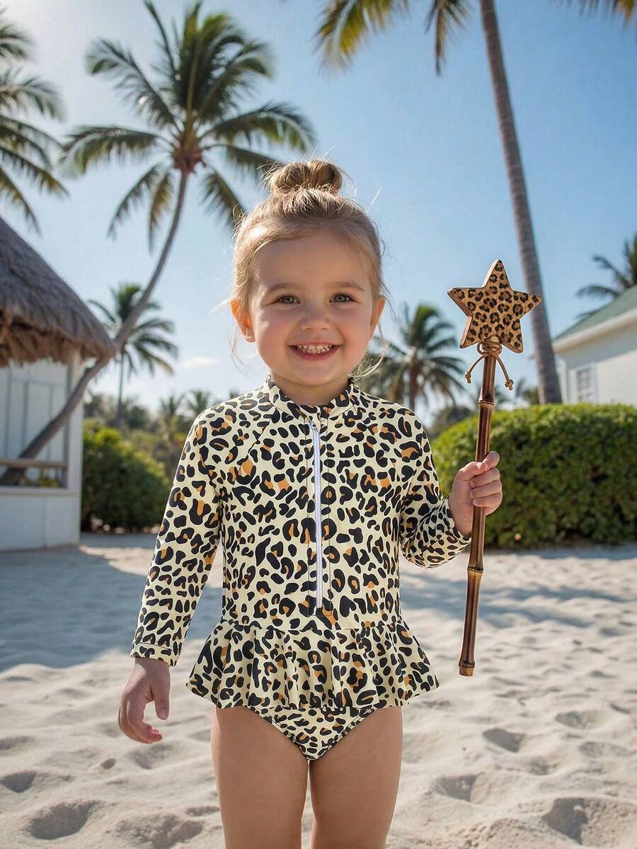 SHEIN Baby Girls' Cute Leopard Print Ruffle Trim One-Piece Swimsuit, Suitable For Summer Beach Vacation - Yellow - View 1