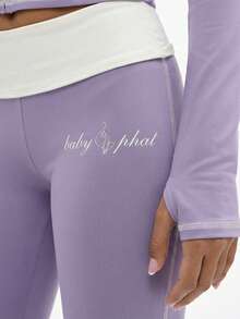 BABYPHAT Leggings acampanados de talle alto con detalles en contraste de color lavanda y ribete blanco, moda de otoño para mujeres - Lila Púrpura - Ver 7