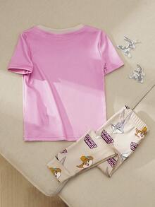LOONEY TUNES X SHEIN Baby Girl Summer Casual Contrast Trim Rabbit Print Short Sleeve T-Shirt And Pants Pajama Set - Pink - View 2