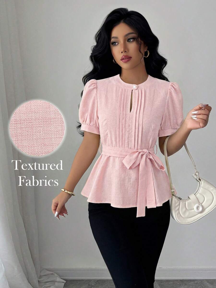 Elenzga 女士时尚优雅春季休闲纯色腰带花瓣袖衬衫 - 淺粉色 - 查看 1