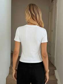 SHEIN LUNE Crew Neck All-Match Solid White Fitted Short Sleeve T-Shirt, Suitable For Spring/Summer,Summer Top - White - View 2