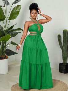 Maweii Plus Size Solid Color Vacation Strapless Dress - Green - View 7